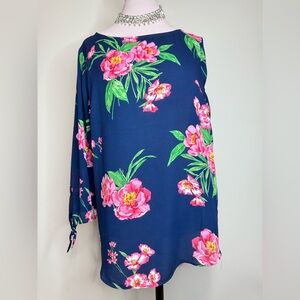 Talbots Floral Blue Blouse 3/4 sleeve with Pink peonies in size large